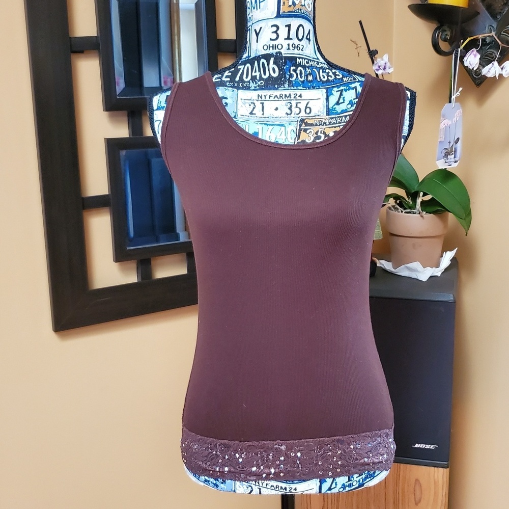 BLUE MOON BROWN RIBBED TANK W/ SEQUIN LACE HEM